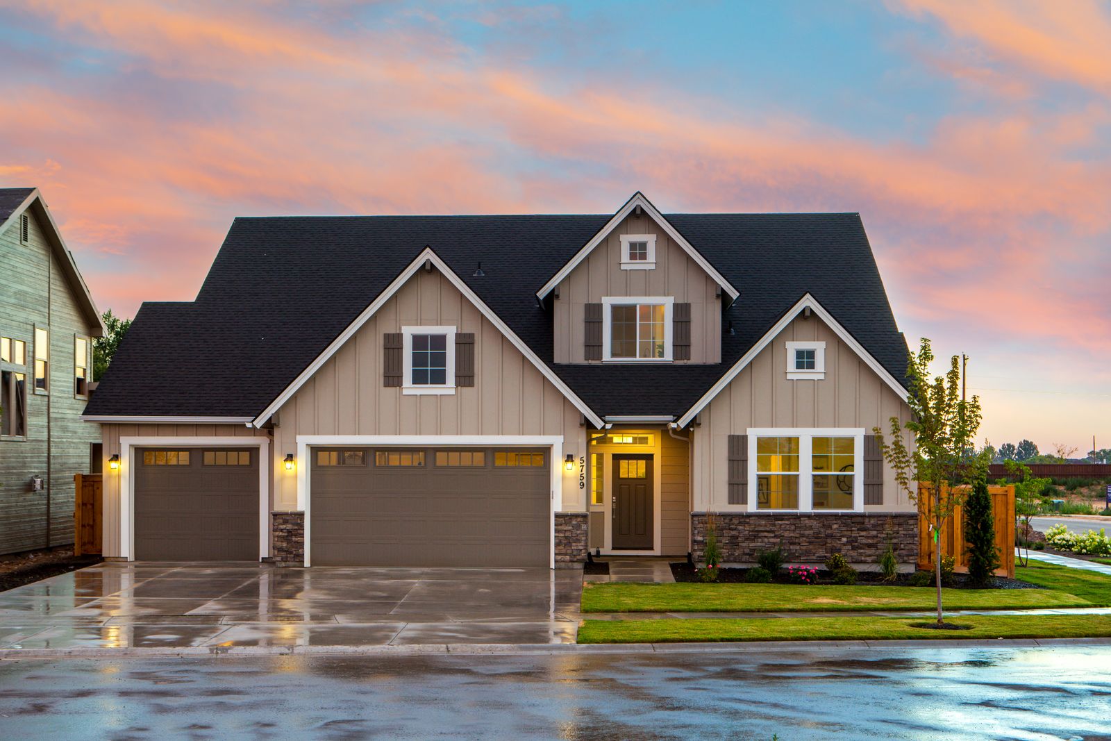 Completed roofing project at dusk